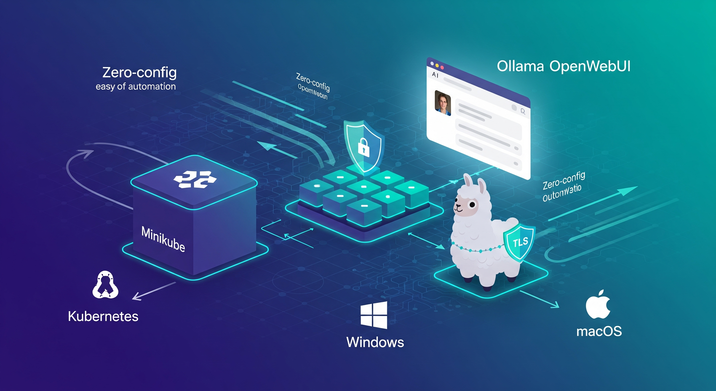 This image is a conceptual representation and does not reflect the exact service architecture of Ollama and OpenWebUI on Minikube.