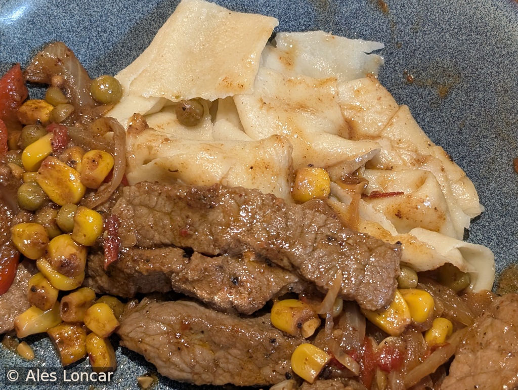 Version two: Today we're pairing the fresh tagliatelle with a quick, colorful wok dish featuring juicy seared beef, crisp sweet corn, and peas.