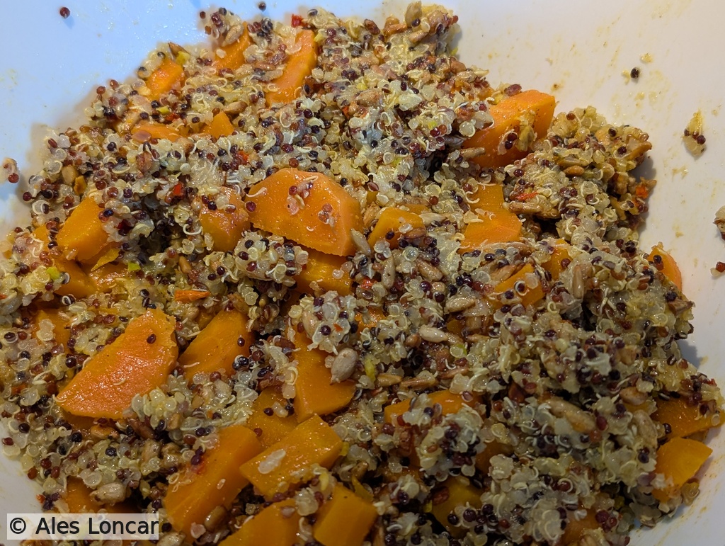 Spicy quinoa salad with caramelized sunflower seeds